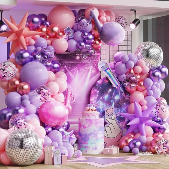 K pop Music Hunter Theme Birthday Decorations,Pink and Purple Balloon Garland Arch Kit with Music Note Disco Ball Exploding Star Foil Balloons for K pop Movie Theme Birthday Singer Party Decoration by Tesochye - Image 1