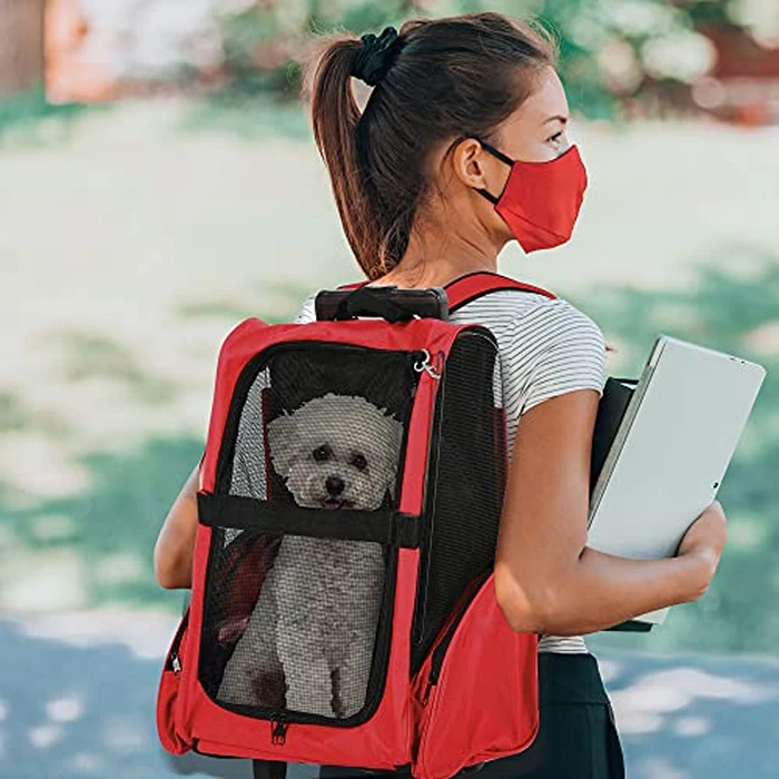 PawHut 2-IN-1 Pet Luggage Box Backpack Carrier Cats Dogs w/ Handle, Rolling Wheel Red by PawHut - Image 2