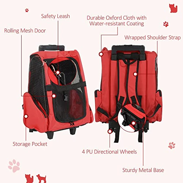 PawHut 2-IN-1 Pet Luggage Box Backpack Carrier Cats Dogs w/ Handle, Rolling Wheel Red by PawHut - Image 6