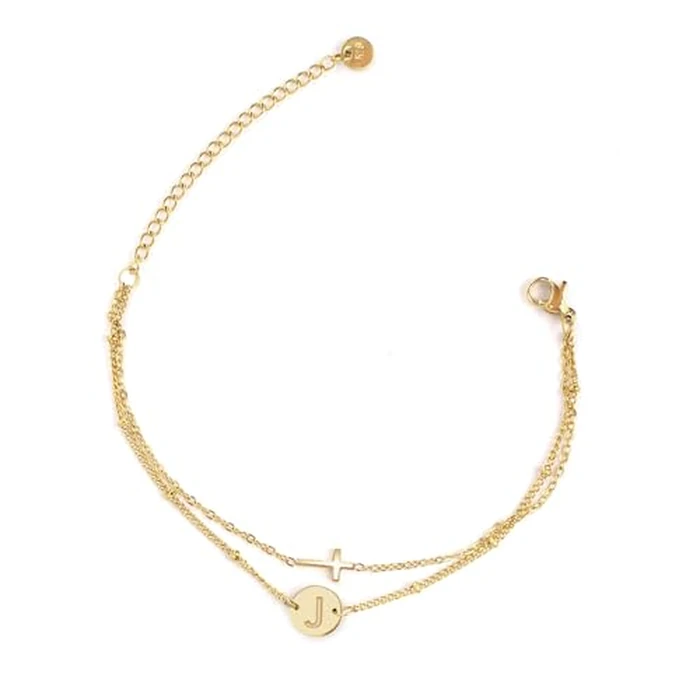 FERLYHR Cross Bracelet for Women Initial Bracelets for Women Dainty Layered Beaded Disc Monogram Faith Gold Cross Bracelet Christian Religious Jewelry Gift(10-Golden J) by FERLYHR - Image 1