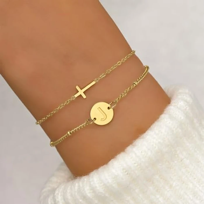 FERLYHR Cross Bracelet for Women Initial Bracelets for Women Dainty Layered Beaded Disc Monogram Faith Gold Cross Bracelet Christian Religious Jewelry Gift(10-Golden J) by FERLYHR - Image 2