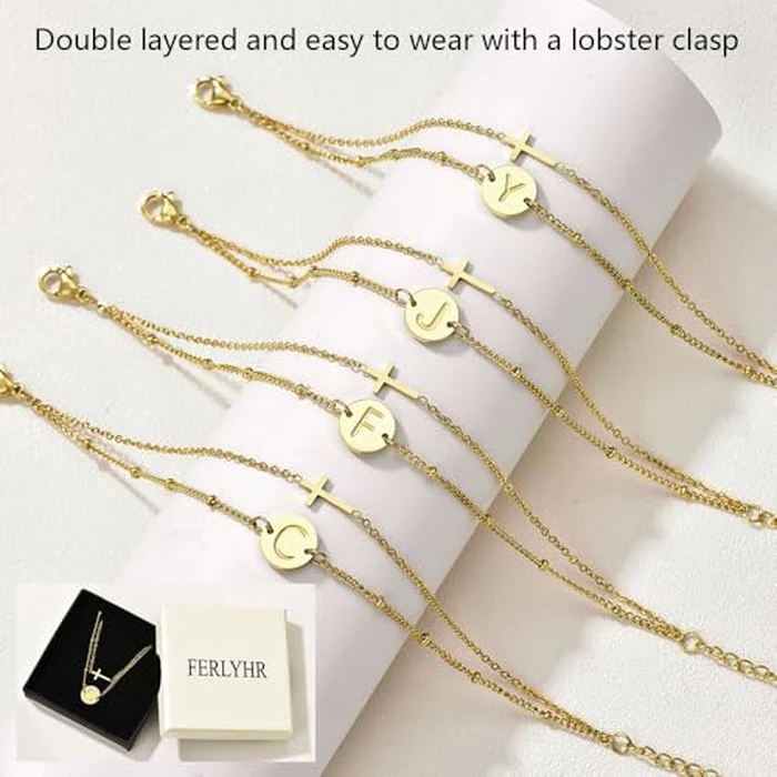 FERLYHR Cross Bracelet for Women Initial Bracelets for Women Dainty Layered Beaded Disc Monogram Faith Gold Cross Bracelet Christian Religious Jewelry Gift(10-Golden J) by FERLYHR - Image 6