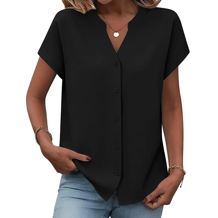 Zeagoo Womens Tops Short Sleeve Button Down Blouse V Neck Dress Shirts Spring Work Outfit Business Casual Clothes Black by Zeagoo - Used - Very Good condition - US$16.92