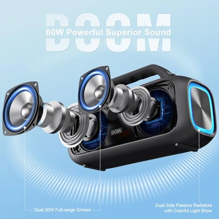 DOSS Extreme Boom S Bluetooth Speaker Wireless Portable with 60W Stereo Sound, Rich Bass, IPX6 Waterproof, 25H Playtime, TWS, LED Lights, Outdoor for Camping, Beach, Pool-Black by DOSS - Image 2