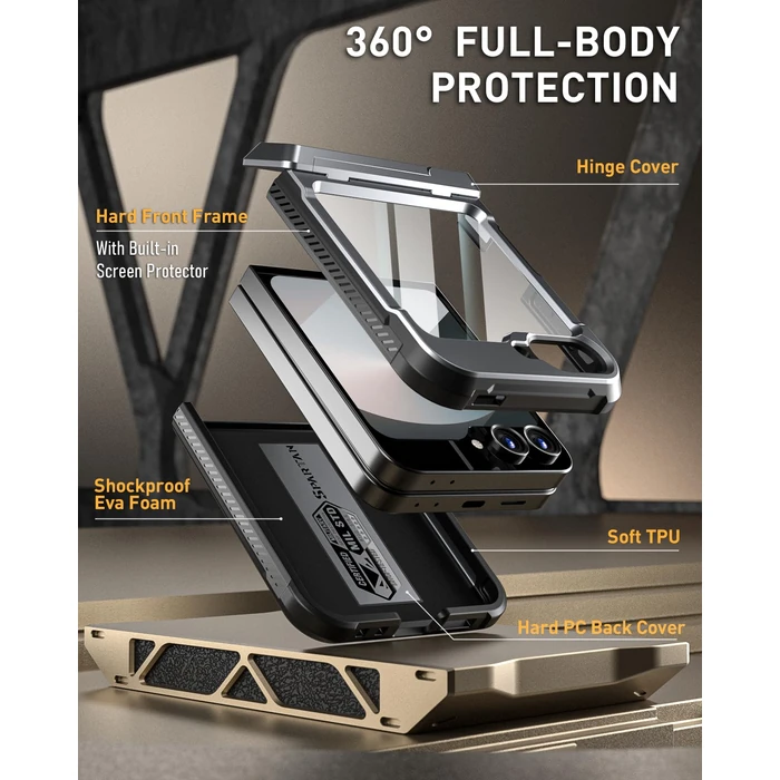 Poetic Spartan Case for Galaxy Z Flip 7 FE 5G (2025) and Galaxy Z Flip 6 5G (2024), [Kickstand] [Built-in Screen Protector] [Hinge Protection] [20FT Drop Tested], Full-Body Rugged, Metallic Gun Metal by Poetic - Image 2