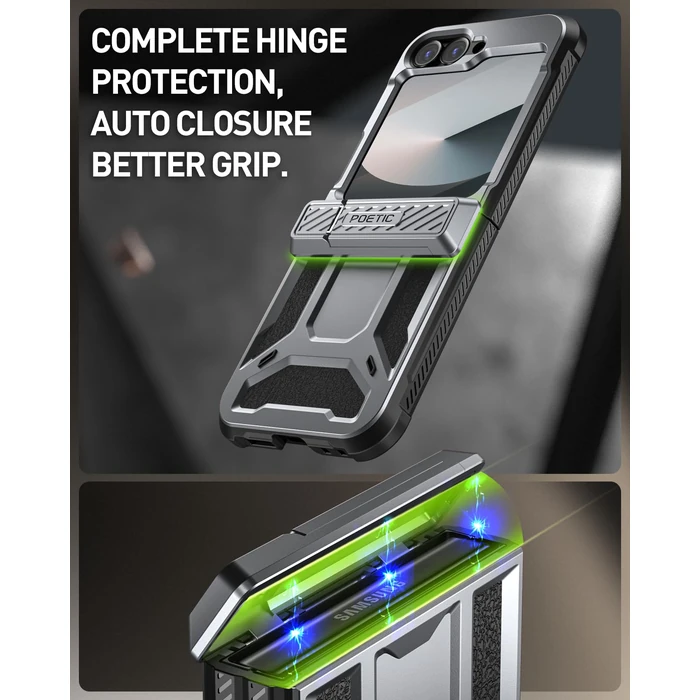Poetic Spartan Case for Galaxy Z Flip 7 FE 5G (2025) and Galaxy Z Flip 6 5G (2024), [Kickstand] [Built-in Screen Protector] [Hinge Protection] [20FT Drop Tested], Full-Body Rugged, Metallic Gun Metal by Poetic - Image 4
