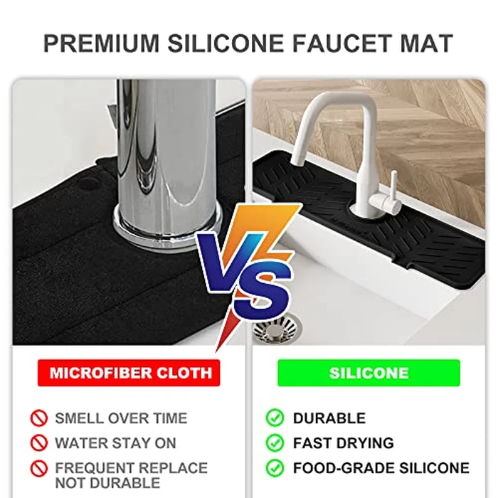 Meiliweser Silicone Faucet Mat for Kitchen Sink - Gen 2 Splash Guard with Upgraded Outlet & Slope - 18” x 5.1” Water Catcher & Sink Sponge Holder for Kitchen and Bathroom (Black) by Meiliweser - Image 4