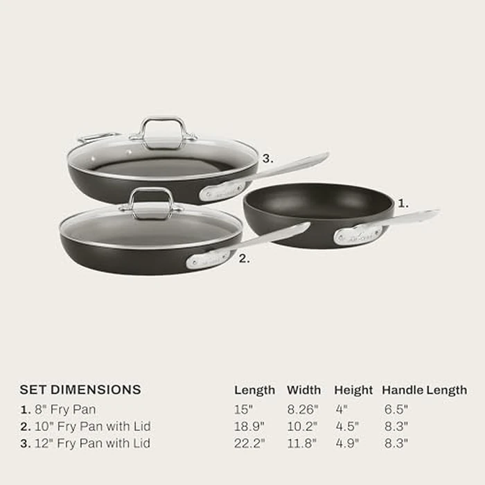 All-Clad HA1 Hard Anodized Nonstick Fry Pan Set - 5-Piece Cookware, 8", 10", 12" Skillets with Lid, Induction Compatible, Oven Safe to 500 degreesF, Lid Safe to 350 degreesF, Black by All-Clad - Image 2