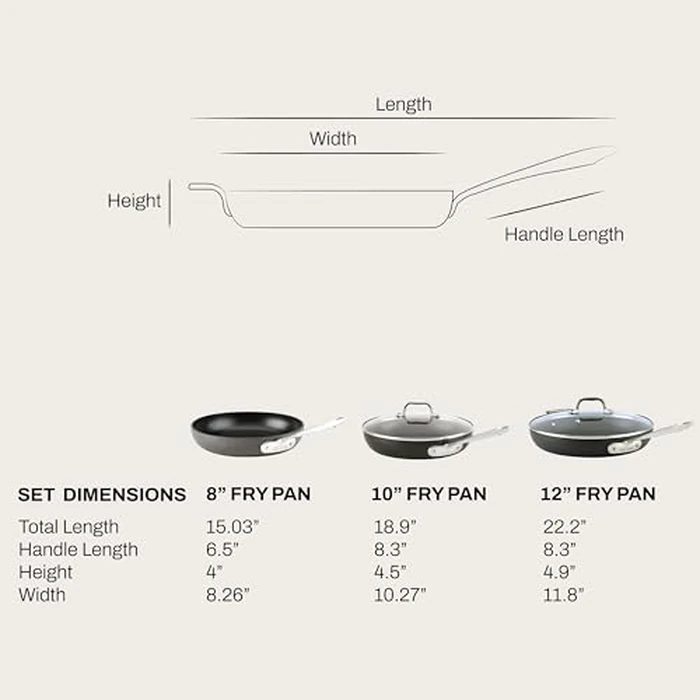 All-Clad HA1 Hard Anodized Nonstick Fry Pan Set - 5-Piece Cookware, 8", 10", 12" Skillets with Lid, Induction Compatible, Oven Safe to 500 degreesF, Lid Safe to 350 degreesF, Black by All-Clad - Image 3