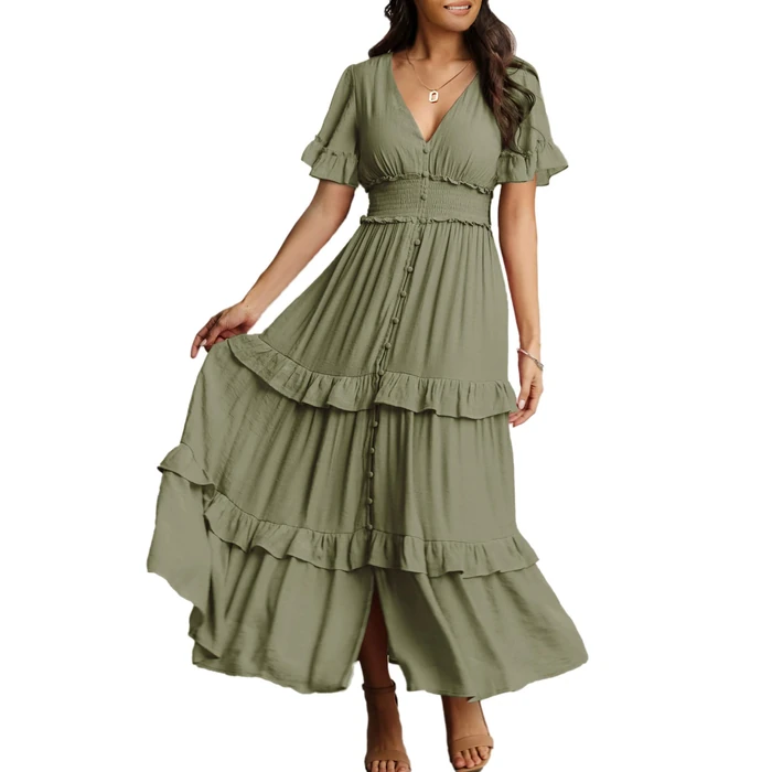 Amegoya Women's Summer Boho Tiered Maxi Dress V Neck Smocked Hight Waist Long Flowy Dress (Army Green L) by Amegoya - Used - Like New condition - US$39.98