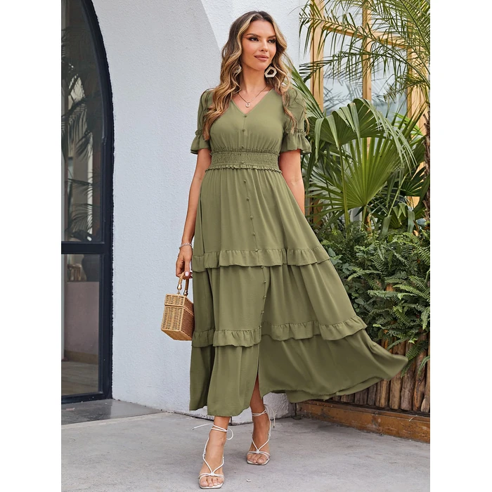 Amegoya Women's Summer Boho Tiered Maxi Dress V Neck Smocked Hight Waist Long Flowy Dress (Army Green L) by Amegoya - Image 3