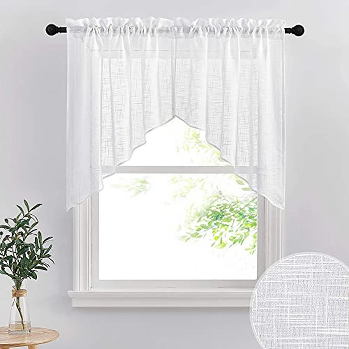 RYB HOME Short Kitchen Valances and Curtain Set, Privacy White Linen Swag Curtains, Semi Sheer Bathroom Tiers for Small Windows, 36 x 36 inch, 1 Pair by RYB HOME - Image 1