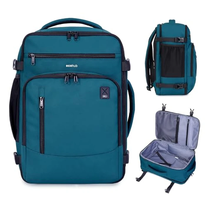 ECOHUB 17" Small Travel Backpack, United Airlines Personal Item Bag 17x10x9 with 16 Pockets, Water Resistant Rucksacks Fit 15.6" Laptop, AirTag Pocket, Lightweight Casual Daypack, 25L, Blue Green by ECOHUB - Used - Like New condition