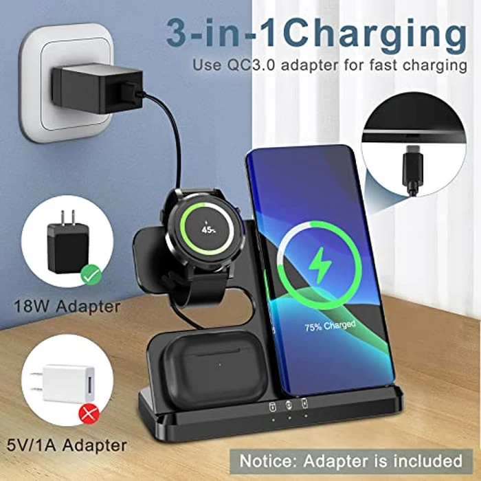 Upgraded 3 in 1 Wireless Charging Station for Samsung Compatible with Samsung S22 S21 S20 Note20 Z Flip 4/3 Z Fold Galaxy Buds Galaxy Watch iPhone 14/13/12/SE/11/XR/8 Adapter is Included by Ankilo - Image 2
