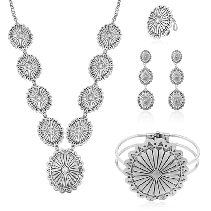 JMScape 4 PCS Western Turquoise Jewelry for Women Boho Vintage Navajo Pearl Necklace Earring Bracelet Ring Set Country Cowgirl Accessories for Gift (J-Silver) by JMScape - Used - Very Good condition