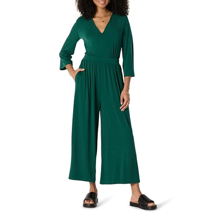 Amazon Essentials Women's Relaxed-Fit Matte Jersey V-Neck Wide-Leg Jumpsuit, Dark Green, X-Large by Amazon Essentials - Used - Like New condition - US$8.55