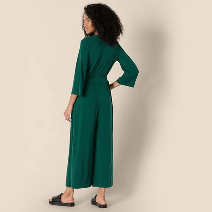 Amazon Essentials Women's Relaxed-Fit Matte Jersey V-Neck Wide-Leg Jumpsuit, Dark Green, X-Large by Amazon Essentials - Image 2
