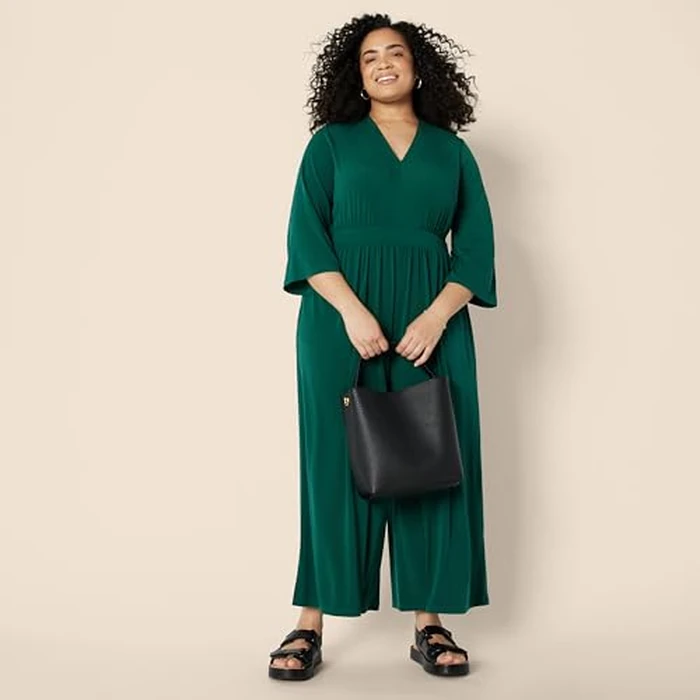 Amazon Essentials Women's Relaxed-Fit Matte Jersey V-Neck Wide-Leg Jumpsuit, Dark Green, X-Large by Amazon Essentials - Image 6