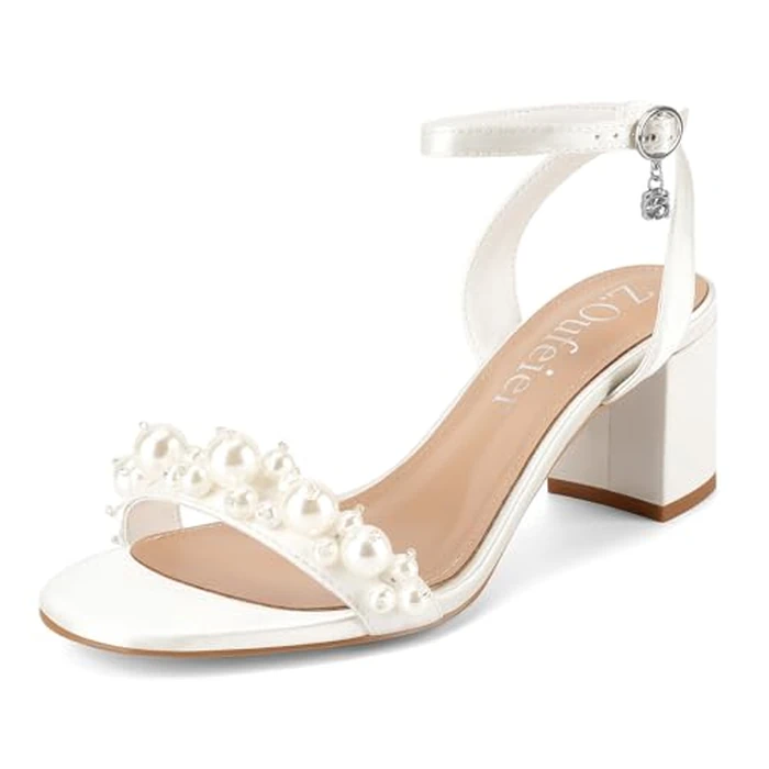 Z.Oufeier Women's White Pearl Chunky Block Sandals Open Toe Wedding Dress Bridal Heels Bride Prom Shoes 2.5 Inch(white,8.5) by Z.Oufeier - Used - Like New condition