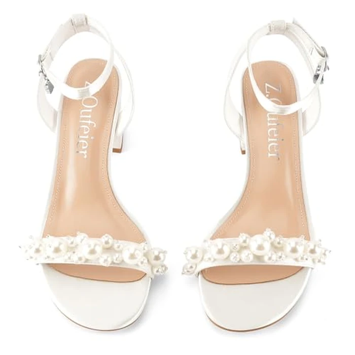 Z.Oufeier Women's White Pearl Chunky Block Sandals Open Toe Wedding Dress Bridal Heels Bride Prom Shoes 2.5 Inch(white,8.5) by Z.Oufeier - Image 2