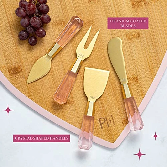 Paris Hilton Charcuterie Board and Serving Set, Bamboo Serving Board, Ceramic Dish, Cheese Utensils with Titanium Coated Blades, 6-Piece Set, Pink by Paris Hilton - Image 6