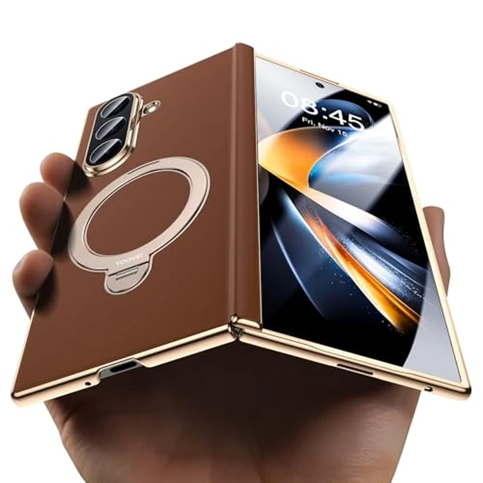 YOOVEI for Galaxy Z Fold 6 Case Luxury Leather with Screen Protector [Hinge Protection],Fit for Magsafe,Magnetic Kickstand & Ring Holder for Samsung Zfold 6 Case Brown by YOOVEI - Used - Acceptable condition