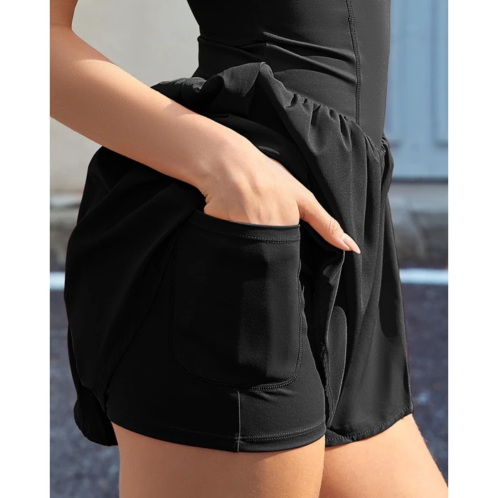 QINSEN Slim-Fit Corset-Style Bodysuit Top with Flowy A-Line Shorts Seamless One-Piece Romper for Casual Elegance Black S by QINSEN - Used - Like New condition