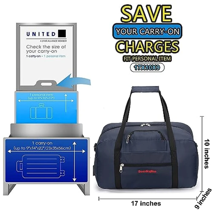 17x10x9 United Airline Personal Item Under Seat Duffel Bag With Free Pillow And USB Port (Navy) by Boardingblue - Image 2