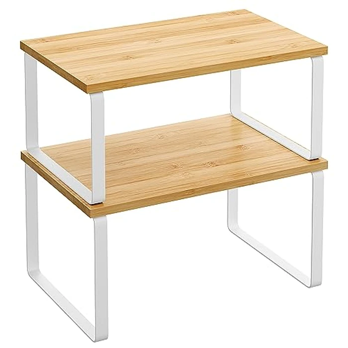 SONGMICS Cabinet Organizer Shelf, Set of 2 Kitchen Counter Shelves, Kitchen Storage, Spice Rack, Stackable, Expandable, Metal and Engineered Wood, Cloud White and Natural Beige UKCS02NW by SONGMICS - Used - Like New condition - CA$19.37