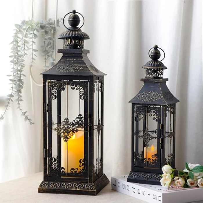 TRIROCKS Set of 2 Decorative Lanterns 21.5'' & 16" H Vintage Hanging Tower Lantern Metal Candle Holder with Tempered Glass for Indoor Outdoor Home Decor Parties Garden Wedding Patio by TRIROCKS - Used - Acceptable condition - CA$79.88