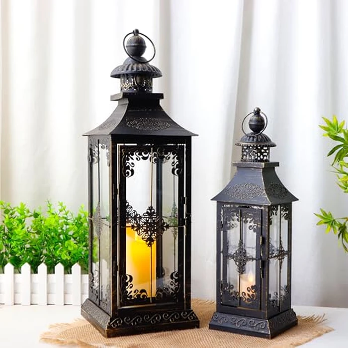 TRIROCKS Set of 2 Decorative Lanterns 21.5'' & 16" H Vintage Hanging Tower Lantern Metal Candle Holder with Tempered Glass for Indoor Outdoor Home Decor Parties Garden Wedding Patio by TRIROCKS - Image 4