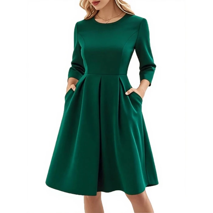 oxiuly 3/4 Sleeve Spring Fall Classic Dark Green Dresses for Women 2025 Casual Cocktail Elegant Burgundy Vintage Graduation Guest Dress with Pockets S253 DKgreen7F S by oxiuly - Image 1