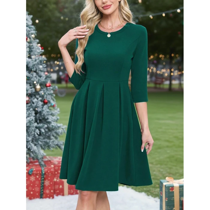 oxiuly 3/4 Sleeve Spring Fall Classic Dark Green Dresses for Women 2025 Casual Cocktail Elegant Burgundy Vintage Graduation Guest Dress with Pockets S253 DKgreen7F S by oxiuly - Image 2