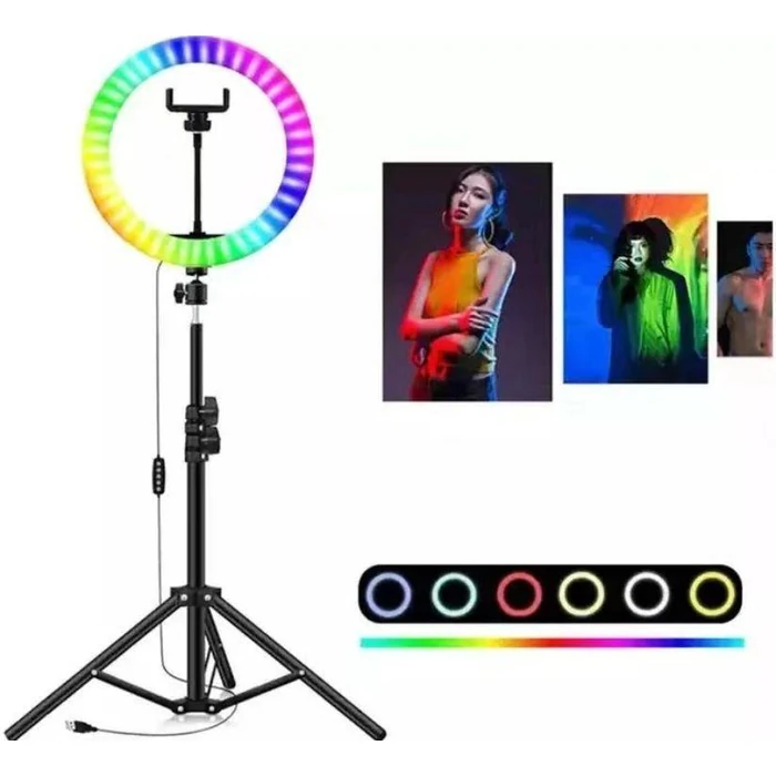 RGB Ring Light Selfie 10” with 65" Tripod Stand & Phone Holder - White - Image 2