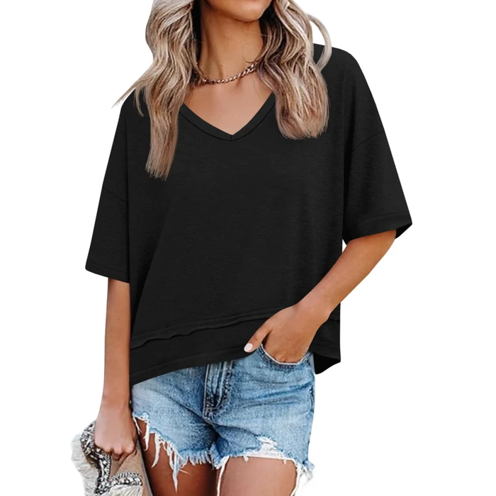 Cicy Bell Womens Summer V Neck T Shirts Casual Short Sleeve Flowy Tops Cute Loose Fit Basic Tees Black by Cicy Bell - Used - Acceptable condition