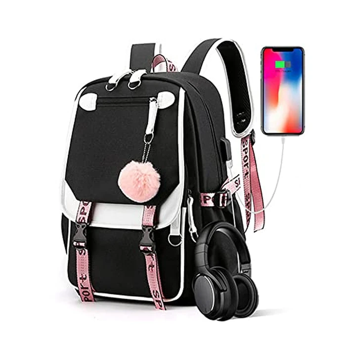 Kids Backpacks For Teen Girls With USB Port, cute black backpack Can Hold 15.6in Notebook,Tablets.Girls Backpack Can Be Used As Gift for Students Or Friends(Black) by dageraad - Image 1