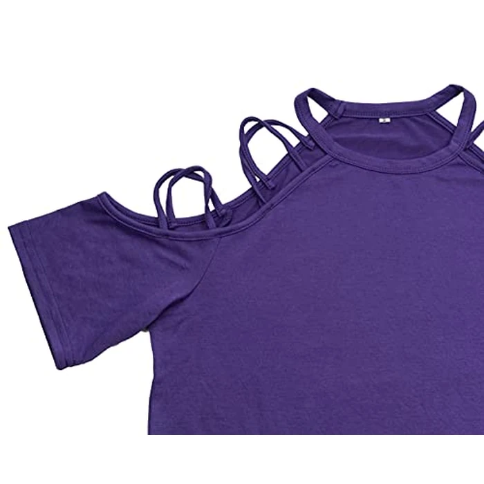 BILIKE JOMEX Off The Shoulder Tops for Women Sexy Short Sleeve Strappy Cold Shoulder T-Shirt S-Purple M by BILIKE JOMEX - Image 2