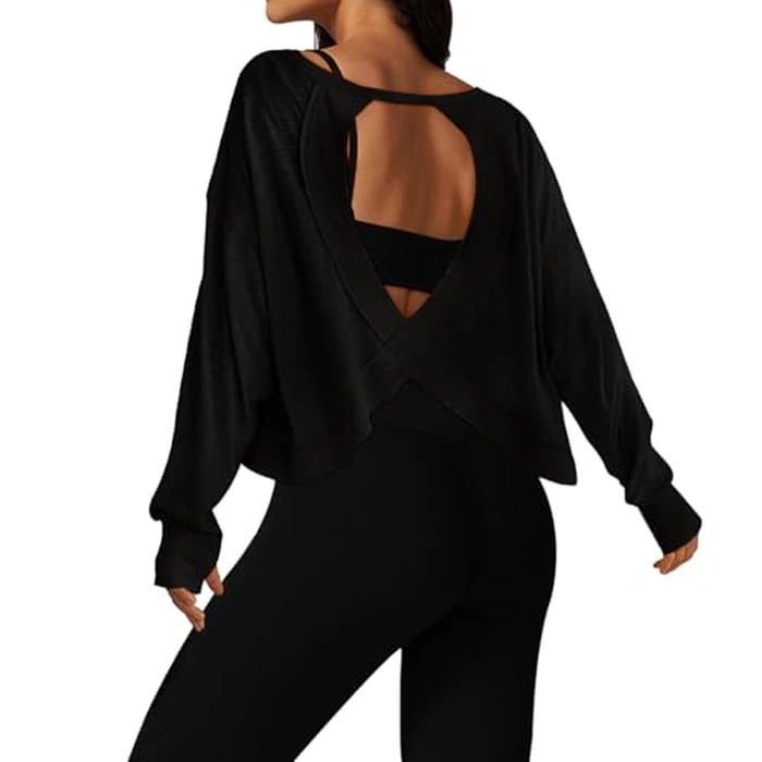 UNIANKIYA Open Back Workout Tops for Women Long Sleeve Cropped Athletic Clothes Gym Running Yoga Low Impact Sports T Shirts Black by UNIANKIYA - Used - Like New condition - US$18.99