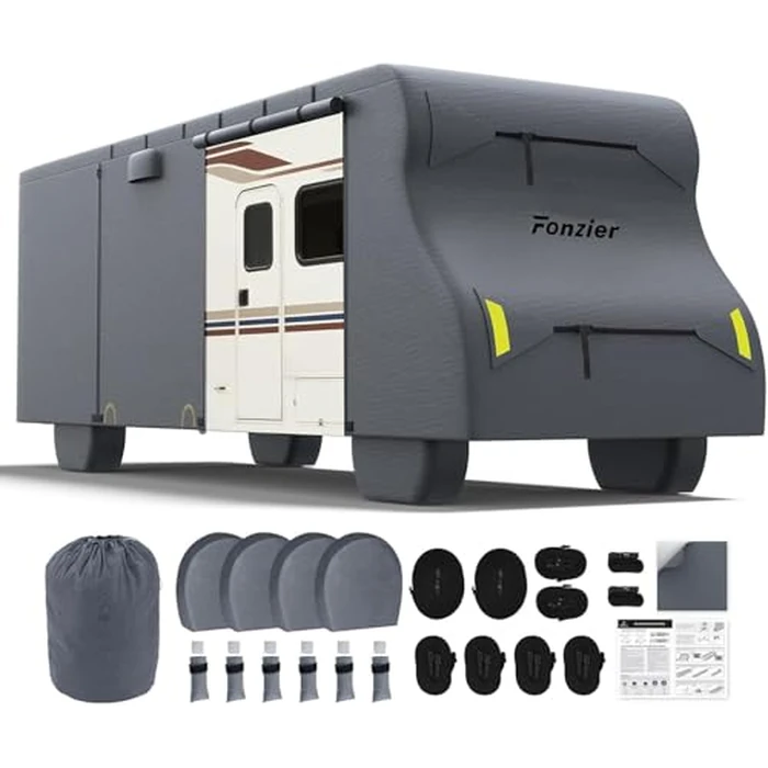 Fonzier Class C RV Cover 26-29ft, 7 Layer Top Heavy Duty Camper Cover, Extra-Thick Waterproof Windproof Anti-UV Rip-Stop Class C Motorhome Cover with 2Pcs Extra Straps, 6 Gutter Covers & 4 Tire Covers by Fonzier - Used - Very Good condition