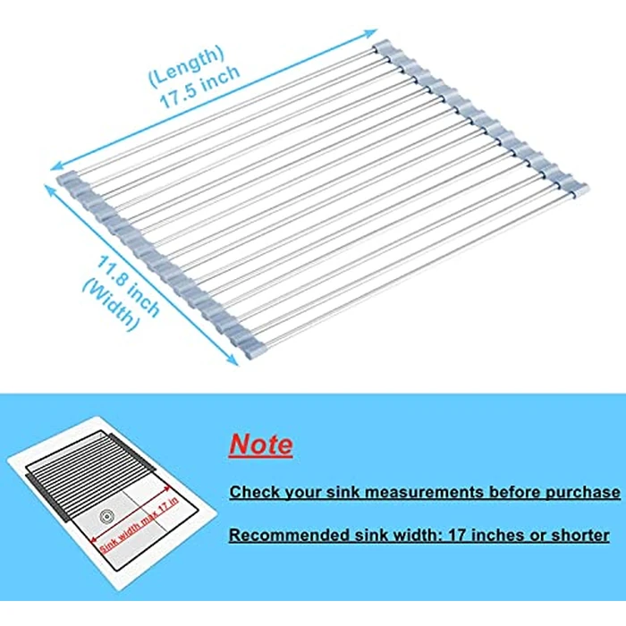 Seropy Roll Up Dish Drying Rack, Over The Sink Dish Drying Rack Kitchen Rolling Dish Drainer, Foldable Sink Rack Mat Stainless Steel Wire Dish Drying Rack for Kitchen Sink Counter Storage 17.5x11.8 by Seropy - Image 4