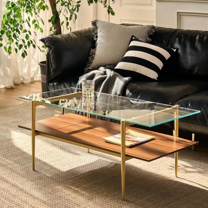 Saint Mossi Tadio Glass Coffee Table for Living Room, 2-Tier Middle-Century Tea Table for Storage, Clear Glass & Coffee Brown Bottom Shelf, (L) 41" x (W) 21" x (H) 17" by SM Saint Mossi - Image 1