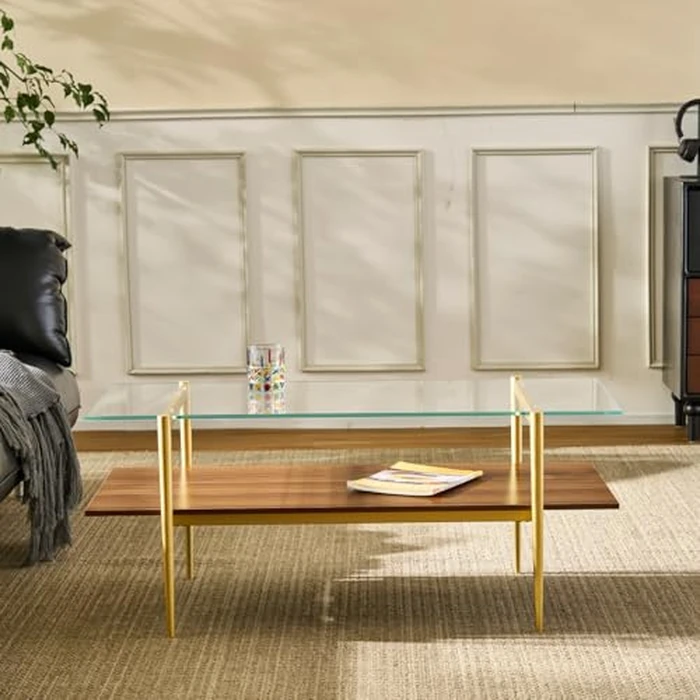 Saint Mossi Tadio Glass Coffee Table for Living Room, 2-Tier Middle-Century Tea Table for Storage, Clear Glass & Coffee Brown Bottom Shelf, (L) 41" x (W) 21" x (H) 17" by SM Saint Mossi - Image 3