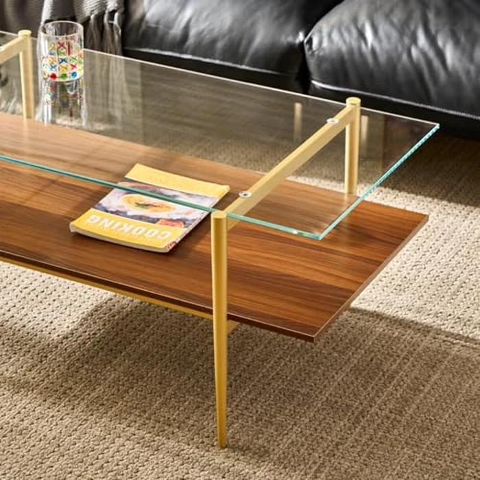 Saint Mossi Tadio Glass Coffee Table for Living Room, 2-Tier Middle-Century Tea Table for Storage, Clear Glass & Coffee Brown Bottom Shelf, (L) 41" x (W) 21" x (H) 17" by SM Saint Mossi - Image 6