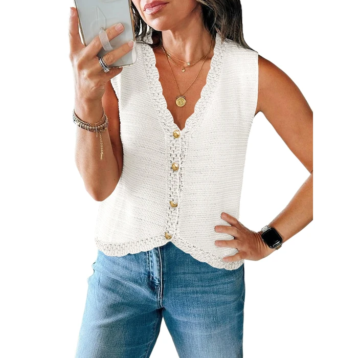 Saodimallsu Womens Sleeveless V Neck Sweater Vest Cropped Button Down Casual Loose Knit Summer Going Out Tops White by Saodimallsu - Used - Like New condition - US$18.99