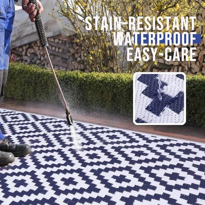 OLANLY Outdoor Rug Waterproof Reversible 4x6 ft, Durable Plastic Straw Patio Camping Carpet, Large Foldable RV Mat for Backyard, Deck, Picnic, Camper, Bench, All-Weather, Lightweight, Navy & White by OLANLY - Image 2