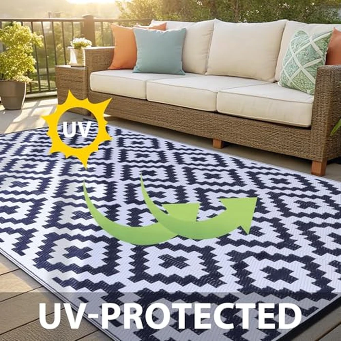 OLANLY Outdoor Rug Waterproof Reversible 4x6 ft, Durable Plastic Straw Patio Camping Carpet, Large Foldable RV Mat for Backyard, Deck, Picnic, Camper, Bench, All-Weather, Lightweight, Navy & White by OLANLY - Image 4