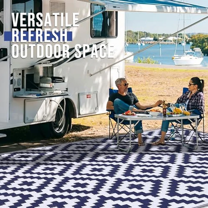 OLANLY Outdoor Rug Waterproof Reversible 4x6 ft, Durable Plastic Straw Patio Camping Carpet, Large Foldable RV Mat for Backyard, Deck, Picnic, Camper, Bench, All-Weather, Lightweight, Navy & White by OLANLY - Image 7