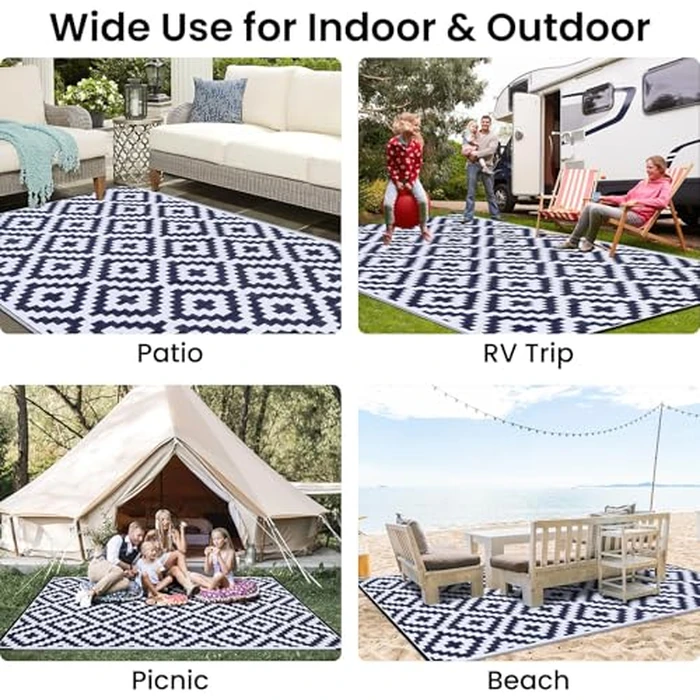 OLANLY Outdoor Rug Waterproof Reversible 4x6 ft, Durable Plastic Straw Patio Camping Carpet, Large Foldable RV Mat for Backyard, Deck, Picnic, Camper, Bench, All-Weather, Lightweight, Navy & White by OLANLY - Image 8