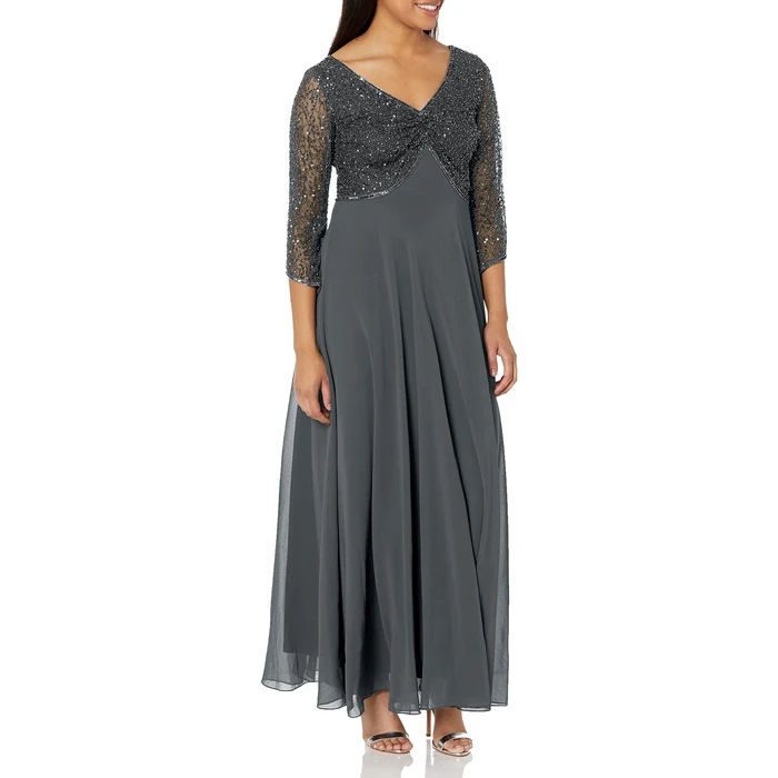 J Kara Women's 3/4 Sleeve V-Neck Beaded Top Long Gown, Grey/Gun, 18 by J Kara - Used - Like New condition