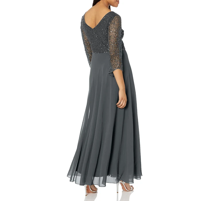 J Kara Women's 3/4 Sleeve V-Neck Beaded Top Long Gown, Grey/Gun, 18 by J Kara - Image 2